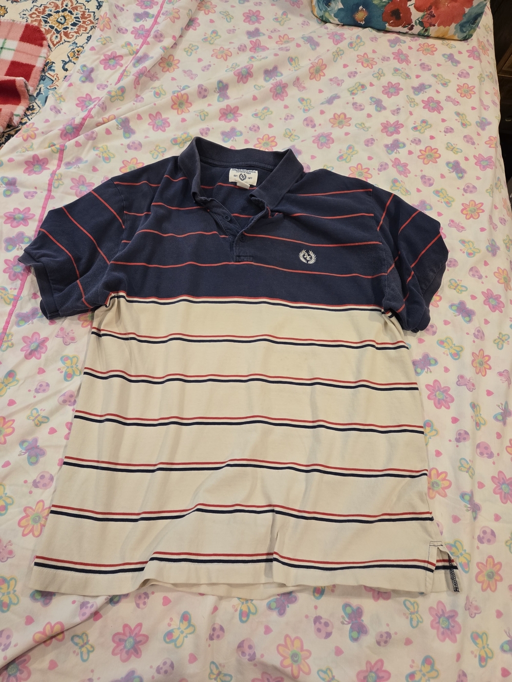 American Eagle Men's Striped Polo Shirt - Navy, Red & Cream